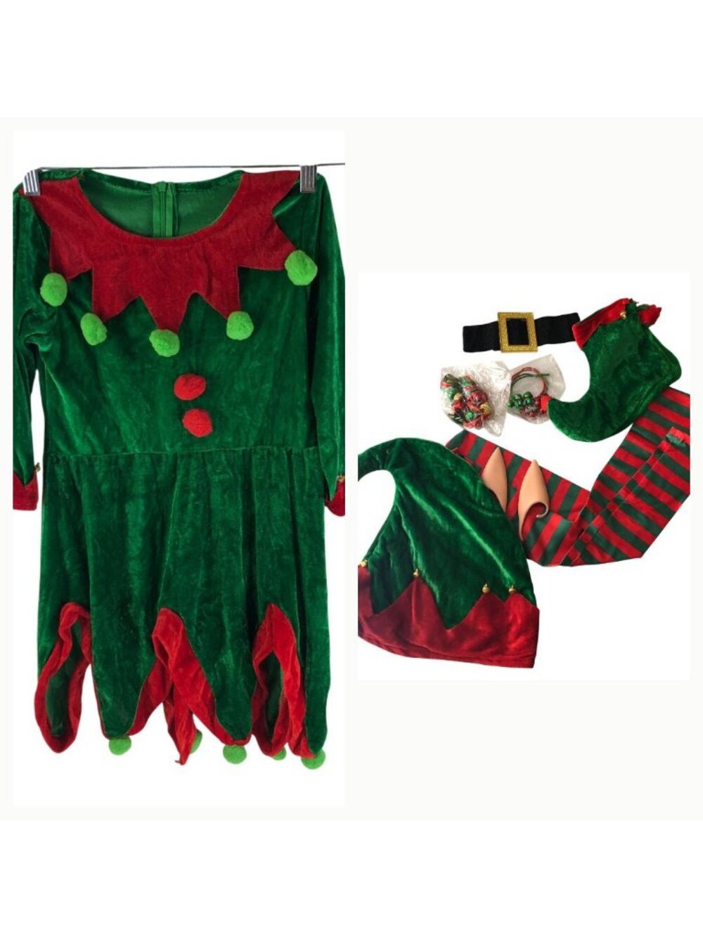 Girls Christmas Elf Costume w/ Accessories Green & Red Velvet Dress US Size 5-6